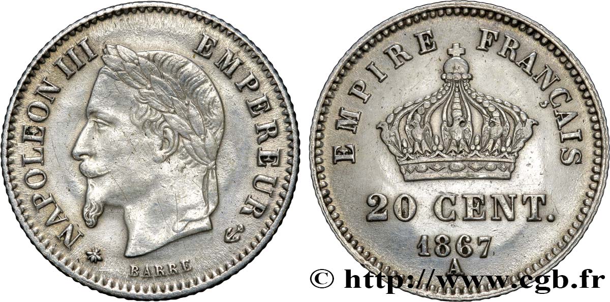 20 centimes Napoléon III, tête laurée, grand module 1867 Paris F.150/1 TTB42 