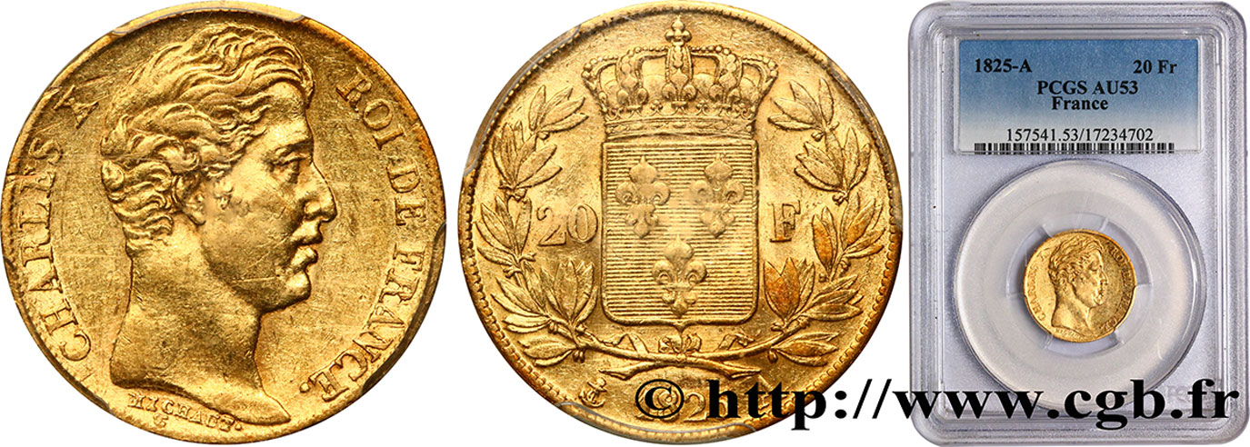 20 francs or Charles X, matrice du revers à quatre feuilles et demie 1825 Paris F.520/1 AU53 PCGS