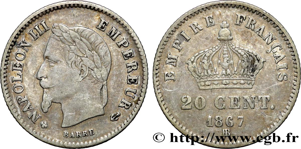 20 centimes Napoléon III, tête laurée, grand module 1867 Strasbourg F.150/2 TB30 