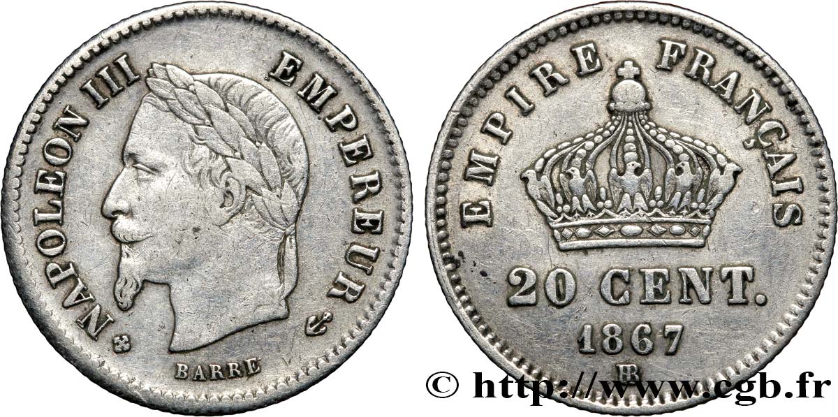 20 centimes Napoléon III, tête laurée, grand module 1867 Strasbourg F.150/2 S30 