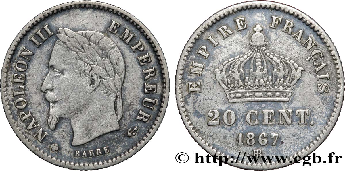 20 centimes Napoléon III, tête laurée, grand module 1867 Strasbourg F.150/2 VF30 