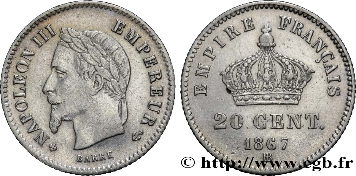 20 centimes Napoléon III, tête laurée, grand module 1867 Strasbourg F.150/2 VF30 