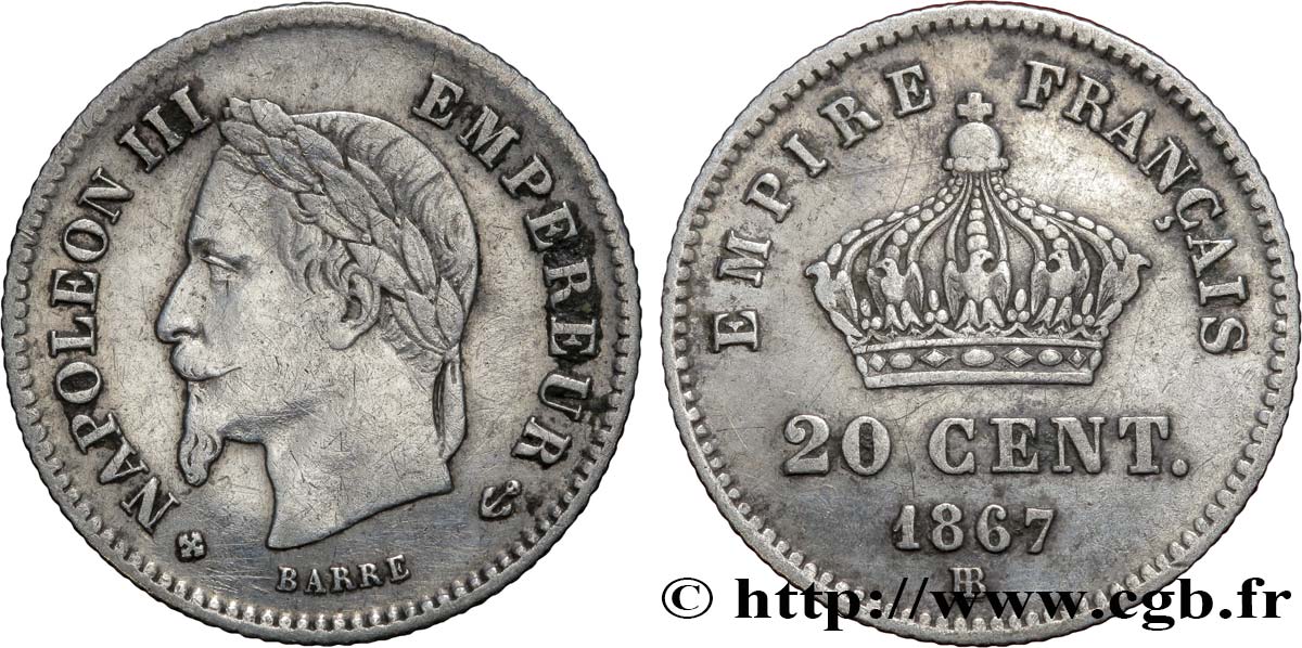 20 centimes Napoléon III, tête laurée, grand module 1867 Strasbourg F.150/2 S30 