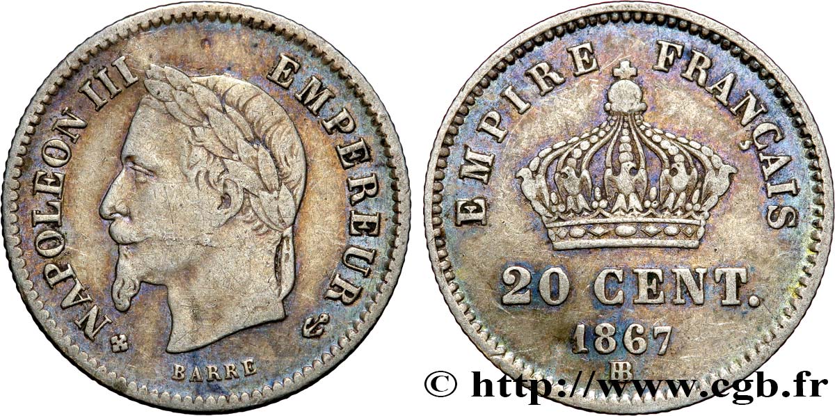 20 centimes Napoléon III, tête laurée, grand module 1867 Strasbourg F.150/2 VF30 