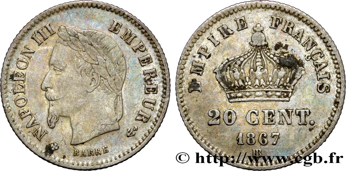 20 centimes Napoléon III, tête laurée, grand module 1867 Strasbourg F.150/2 MB30 