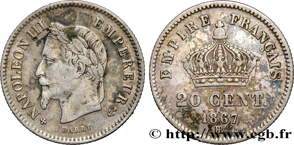 20 centimes Napoléon III, tête laurée, grand module 1867 Strasbourg F.150/2 TB30 