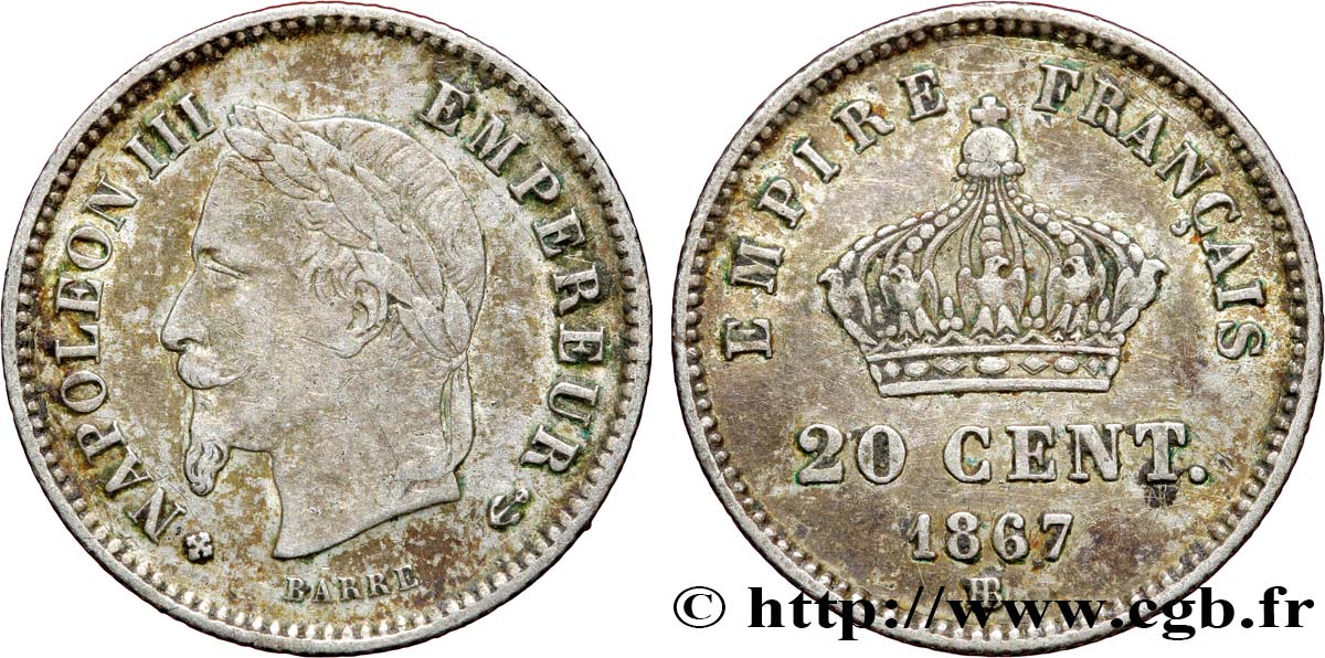 20 centimes Napoléon III, tête laurée, grand module 1867 Strasbourg F.150/2 TTB45 