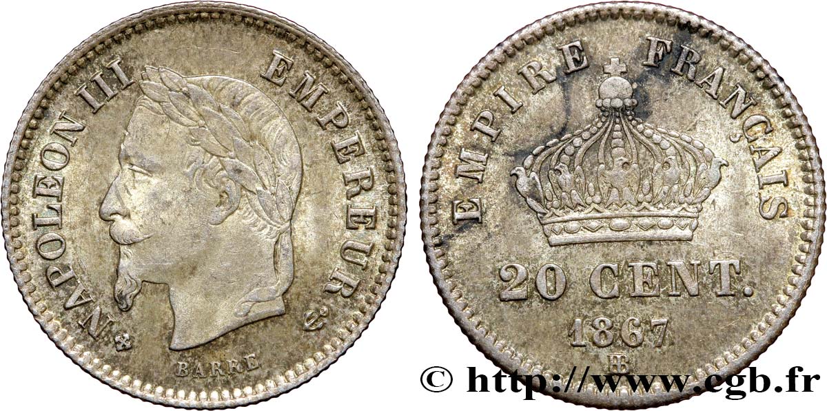 20 centimes Napoléon III, tête laurée, grand module 1867 Strasbourg F.150/2 TTB50 