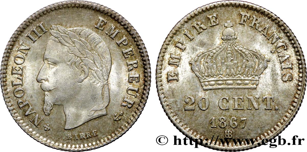 20 centimes Napoléon III, tête laurée, grand module 1867 Strasbourg F.150/2 AU55 