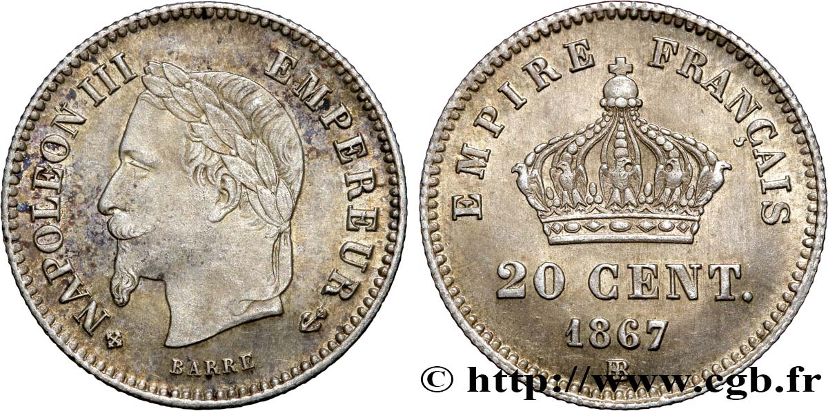 20 centimes Napoléon III, tête laurée, grand module 1867 Strasbourg F.150/2 AU55 