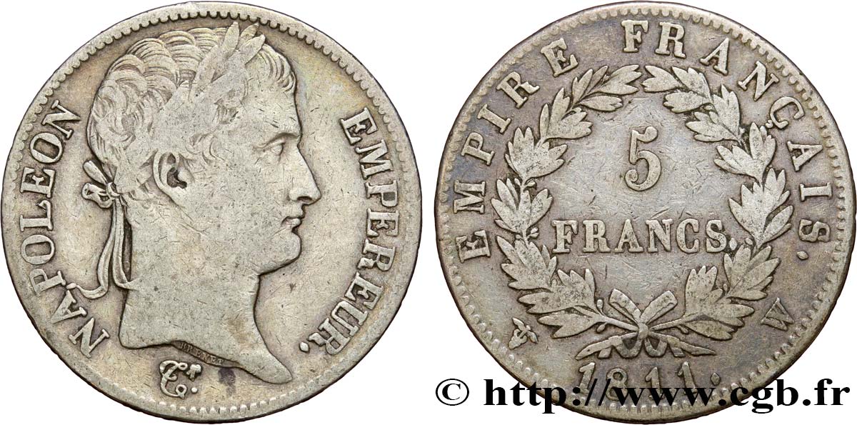 5 francs Napoléon Empereur, Empire français 1811 Lille F.307/40 S30 