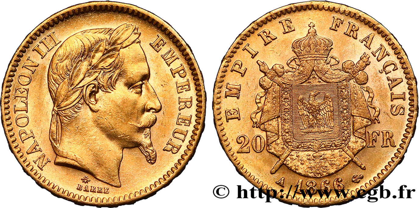 20 francs or Napoléon III, tête laurée 1866 Paris F.532/13 SUP60 
