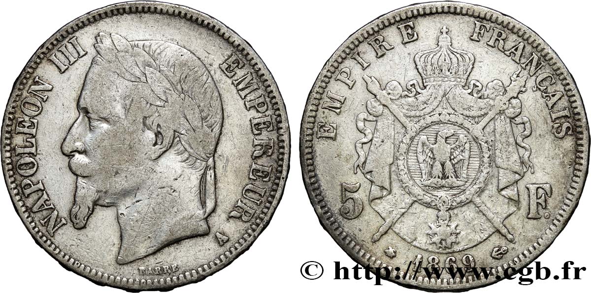 5 francs Napoléon III, tête laurée 1869 Paris F.331/14 BC25 