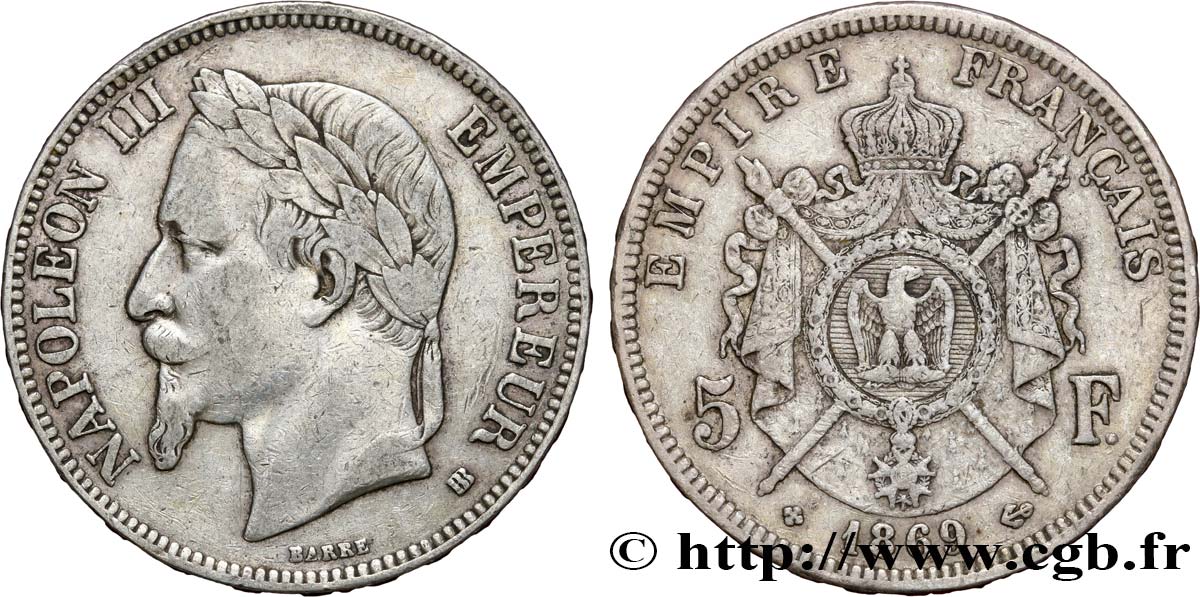 5 francs Napoléon III, tête laurée 1869 Strasbourg F.331/15 TB25 
