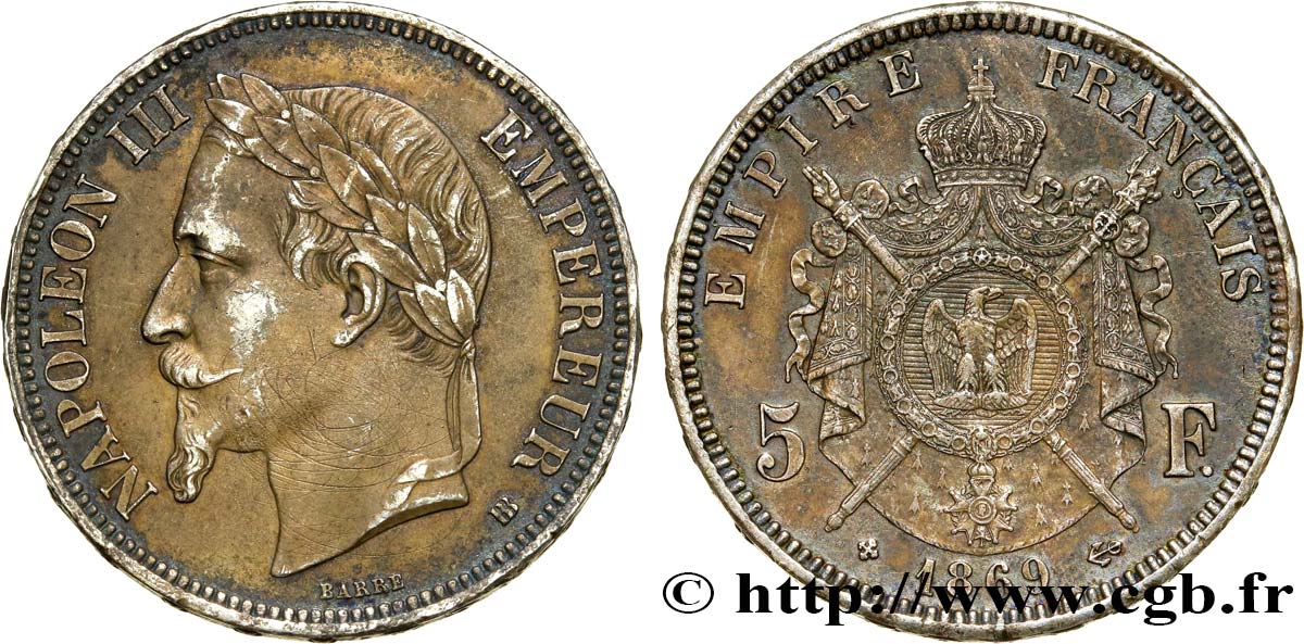 5 francs Napoléon III, tête laurée 1869 Strasbourg F.331/15 MBC45 