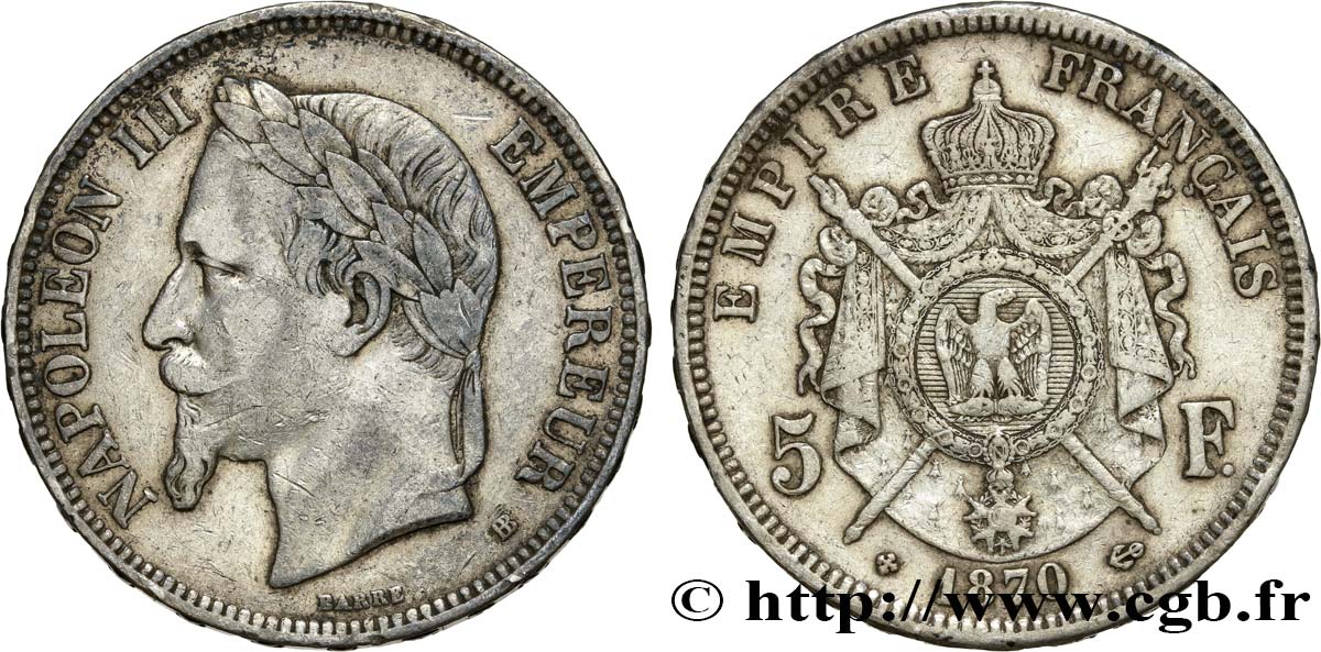 5 francs Napoléon III, tête laurée 1870 Strasbourg F.331/17 TB25 