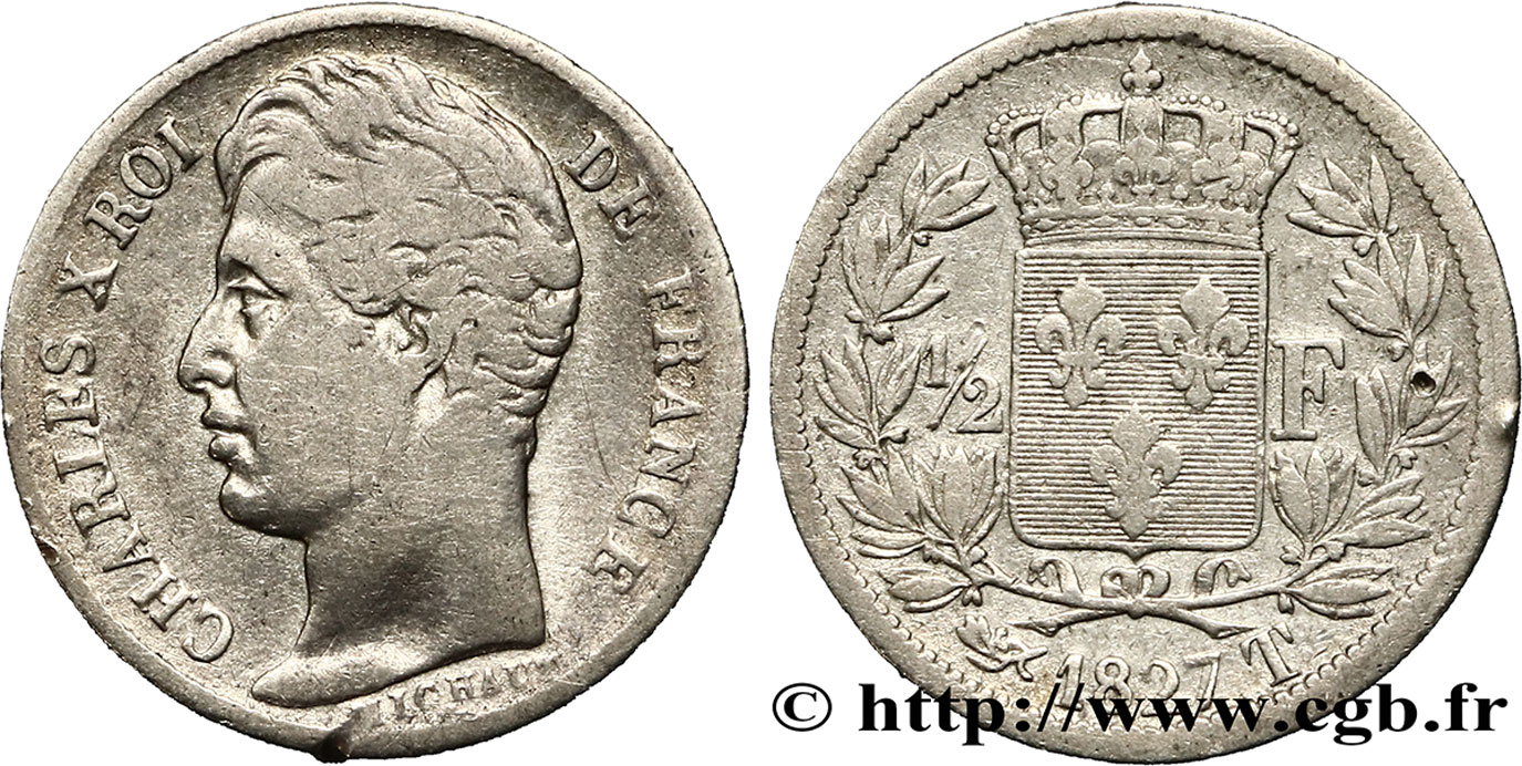 1/2 franc Charles X 1827 Nantes F.180/23 TB30 