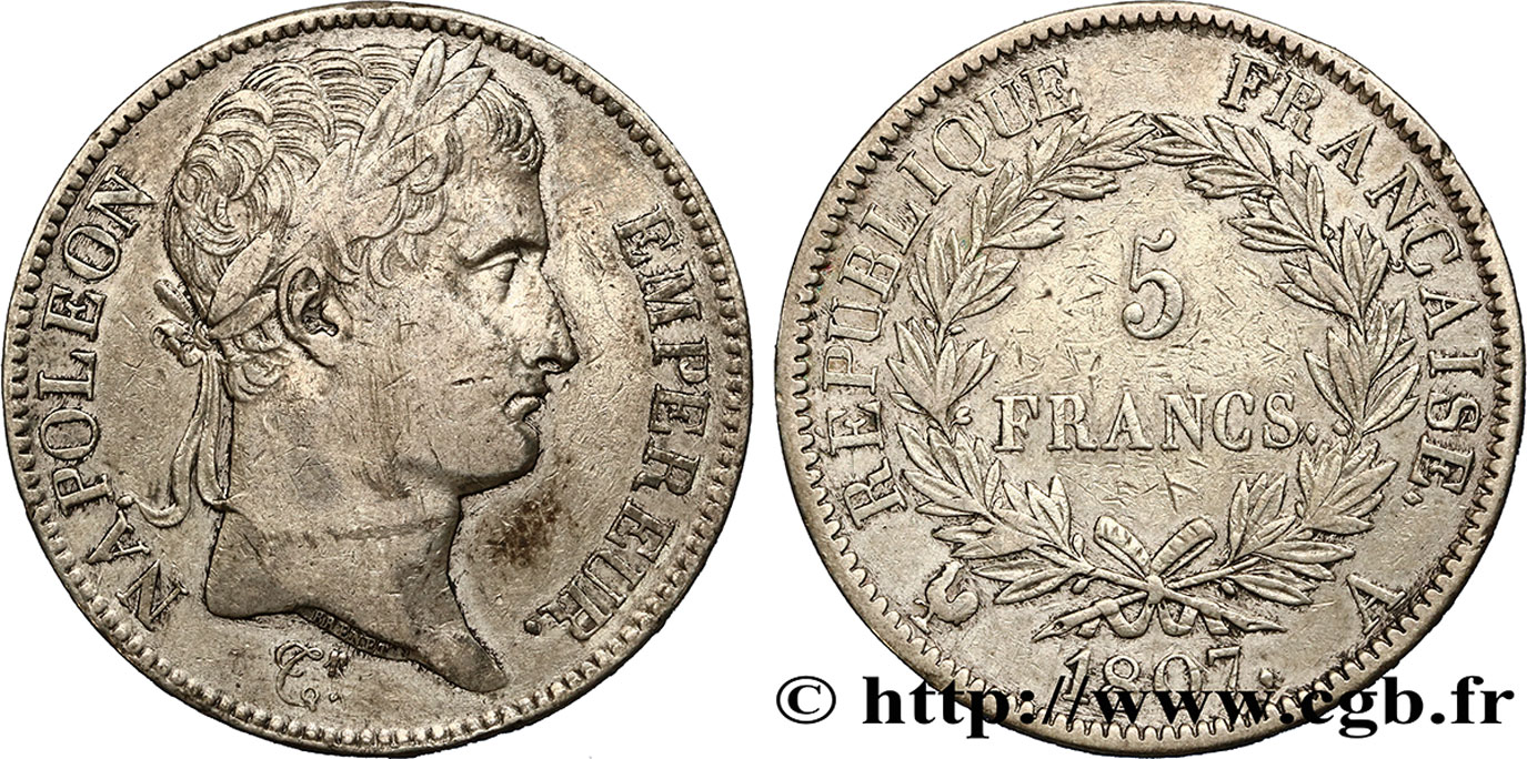 5 francs Napoléon Empereur, République française 1807 Paris F.306/1 TTB45 