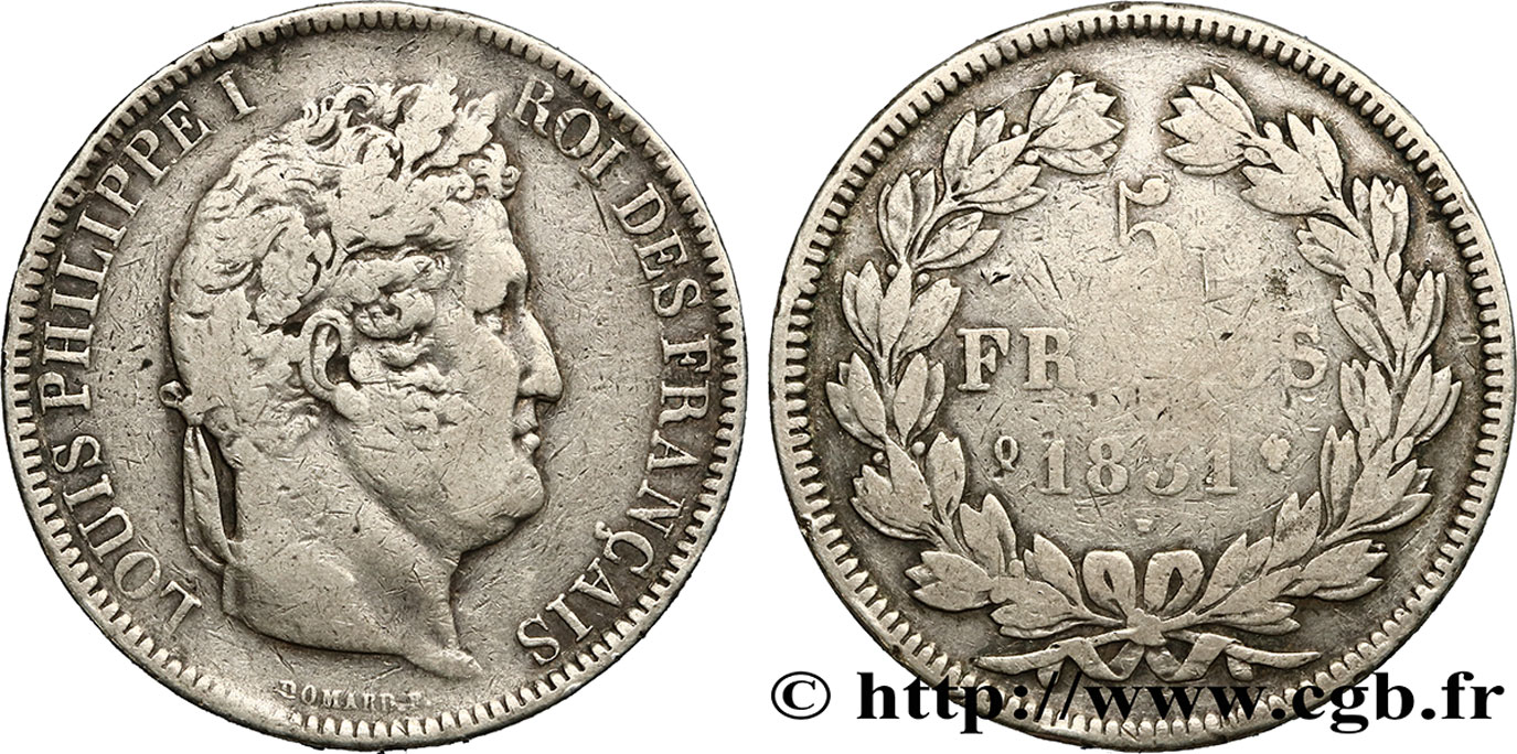 5 francs Ier type Domard, tranche en creux 1831 Perpignan F.319/7 S20 