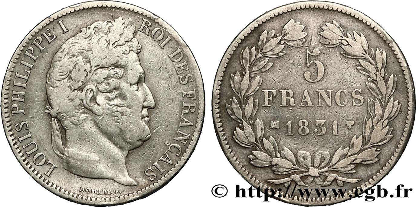 5 francs Ier type Domard, tranche en creux 1831 Marseille F.319/6 TB30 