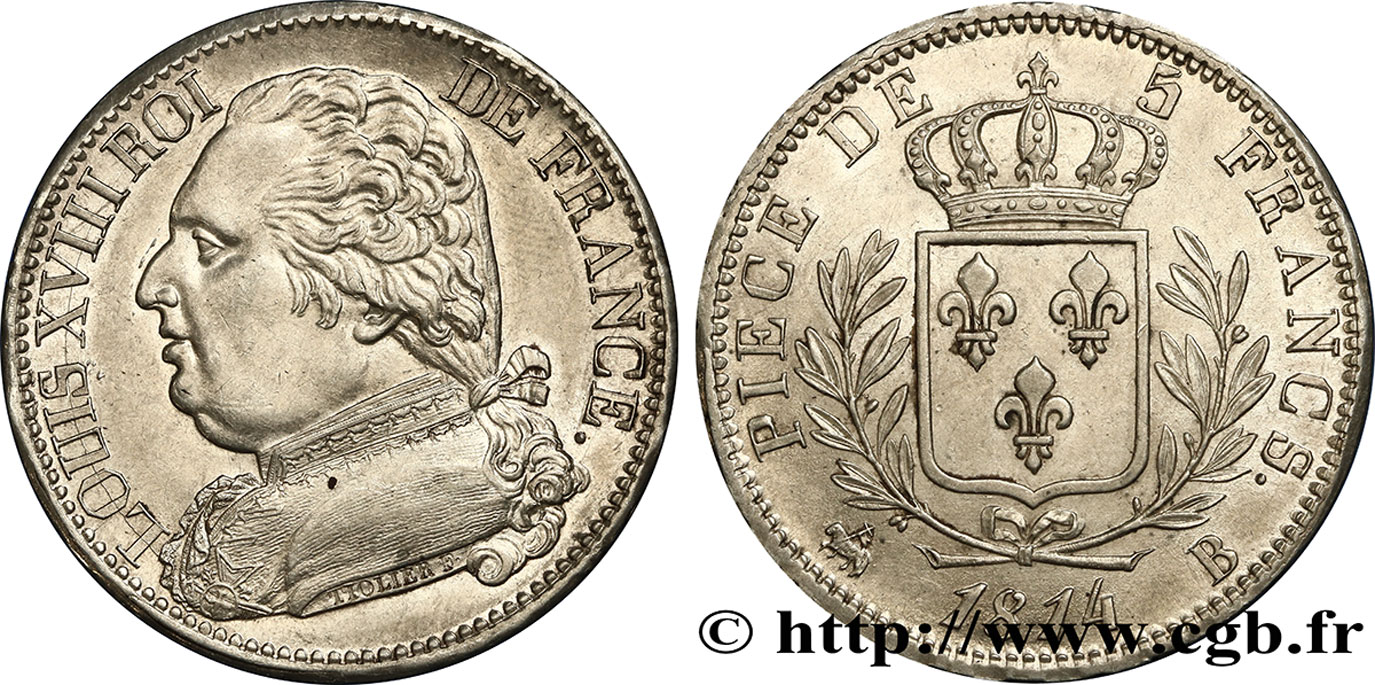 5 francs Louis XVIII, buste habillé 1814 Rouen F.308/2 SC63 