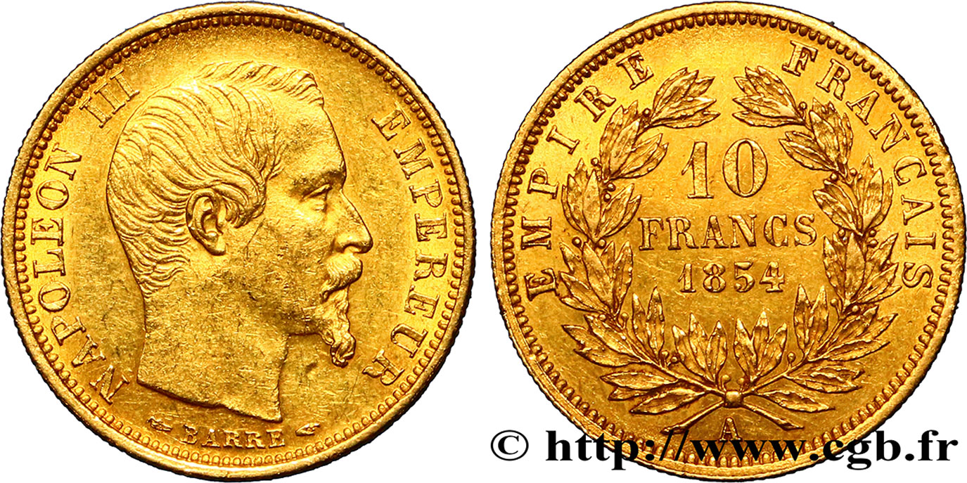 10 francs or Napoléon III tête nue, petit module, tranche cannelée 1854 Paris F.505A/1 TTB52 