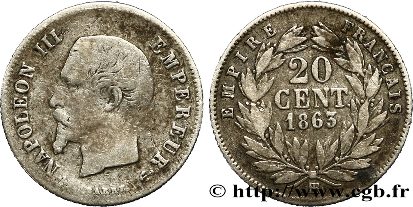20 centimes Napoléon III, tête nue 1863 Strasbourg F.148/18 BC20 