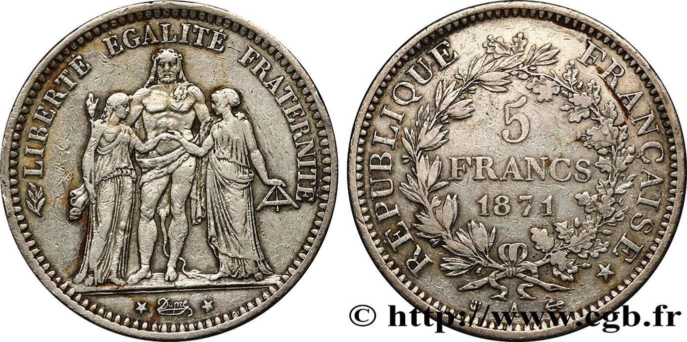 5 francs Hercule, dite “Camélinat” 1871 Paris F.334/4 MB35 