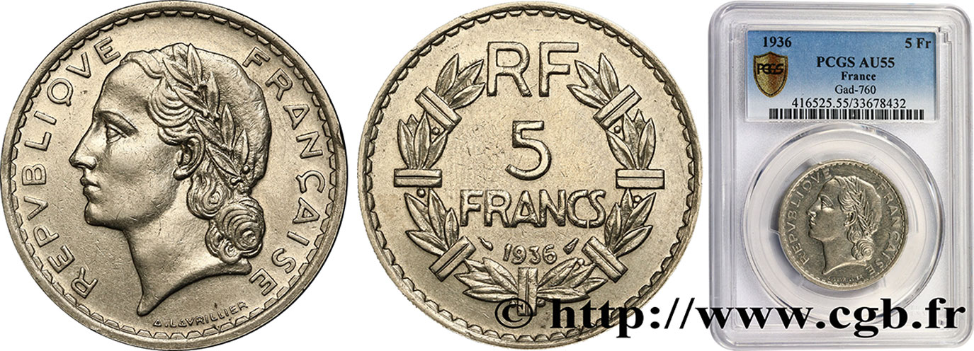 5 francs Lavrillier, nickel 1936  F.336/5 SUP55 PCGS