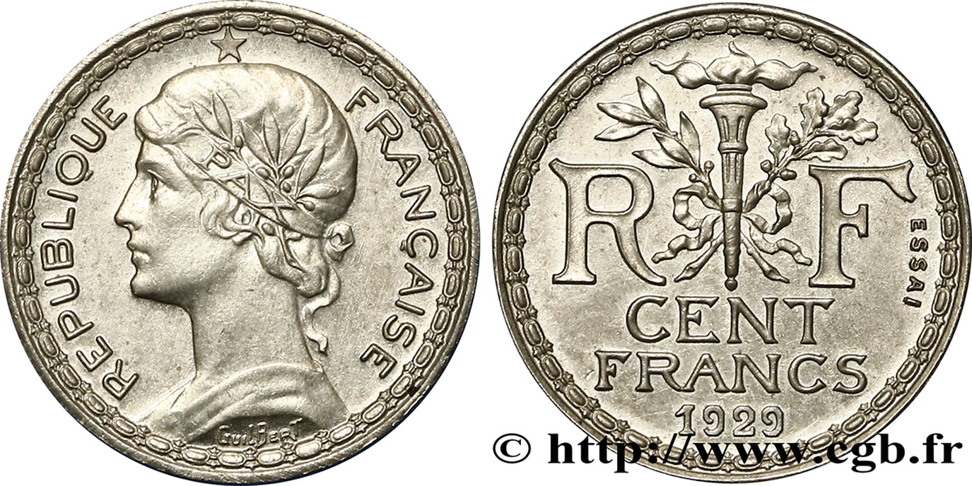 Concours de 100 francs or, essai de Guilbert en Bronze-Nickel 1929 Paris GEM.286 5 SC63 
