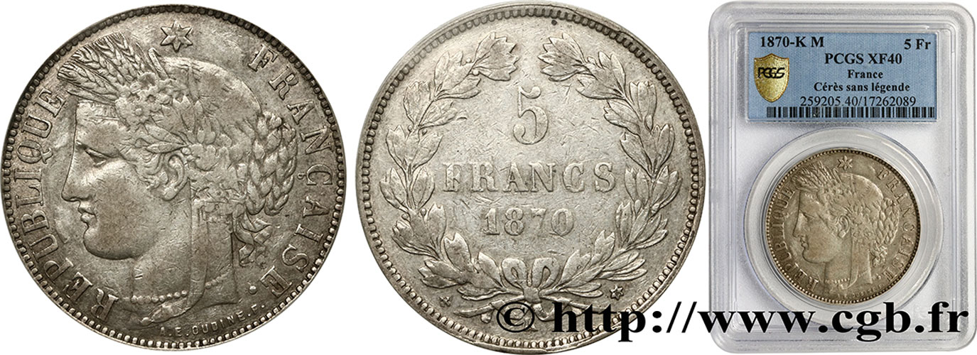 5 francs Cérès, sans légende 1870 Bordeaux F.332/7 TTB40 PCGS