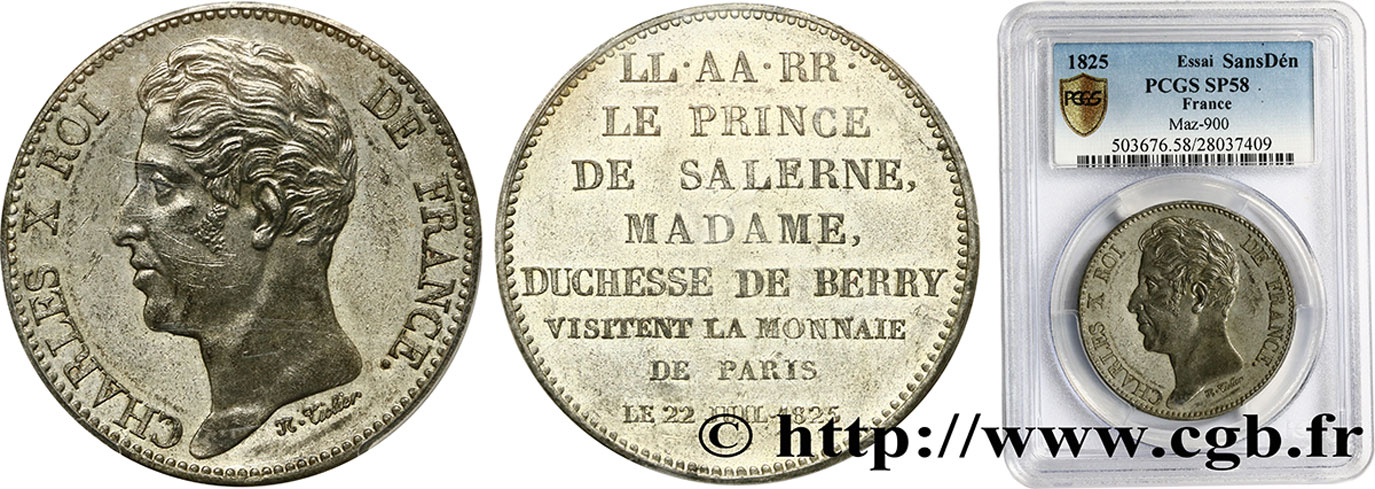 Monnaie de visite au module de 5 francs pour le Prince de Salerne et la Duchesse de Berry à la Monnaie de Paris 1825  VG.2629   EBC58 PCGS