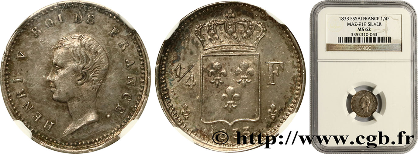 1/4 franc 1833  VG.2717  SPL62 NGC