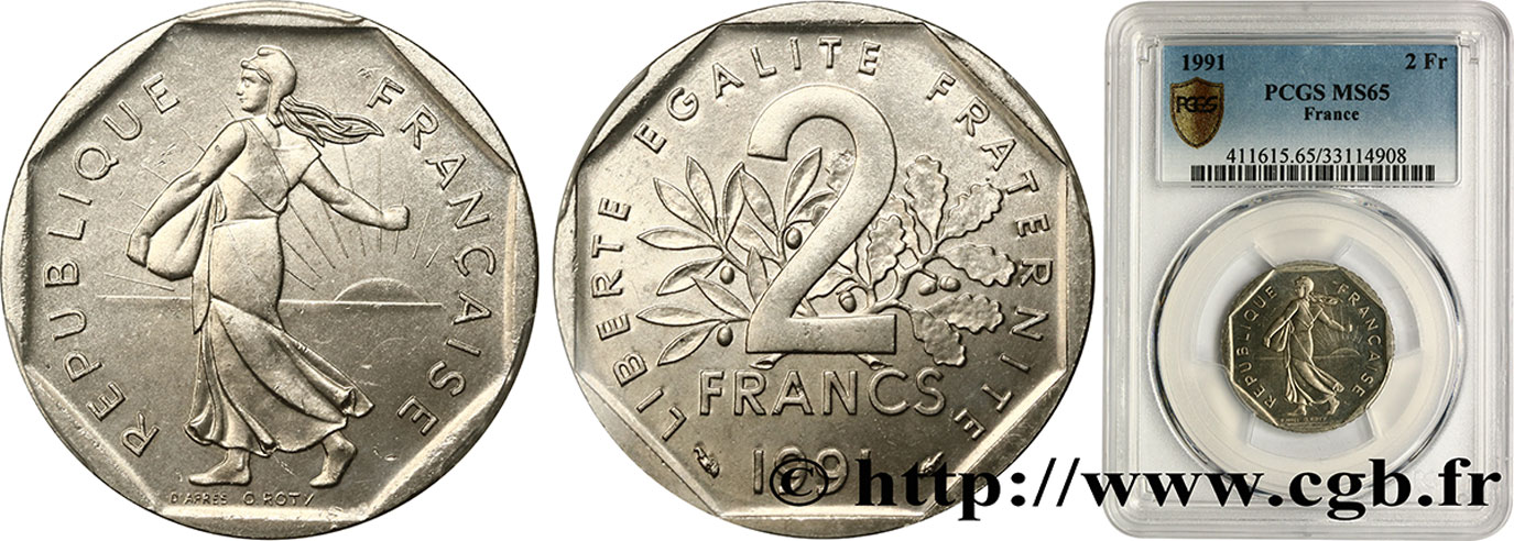 2 francs Semeuse, nickel, frappe monnaie 1991 Pessac F.272/15 MS65 PCGS