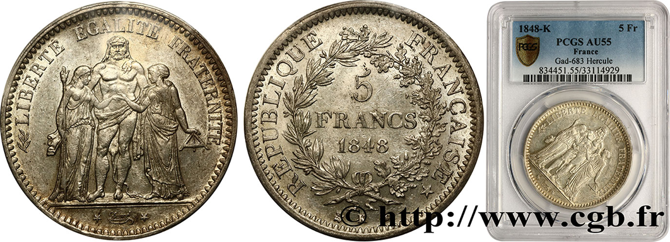 5 francs Hercule, IIe République 1848 Bordeaux F.326/4 SPL55 PCGS
