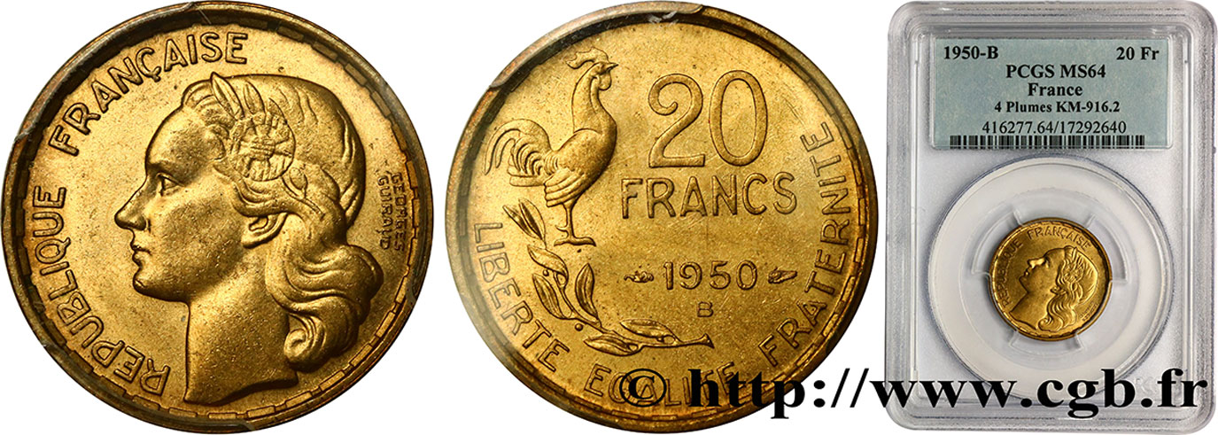 20 francs Georges Guiraud, 4 faucilles 1950 Beaumont-Le-Roger F.401/3 SC64 PCGS