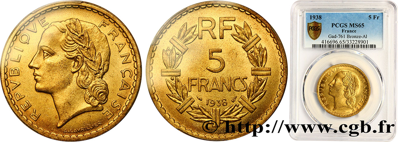 5 francs Lavrillier, bronze-aluminium 1938  F.337/1 MS65 PCGS