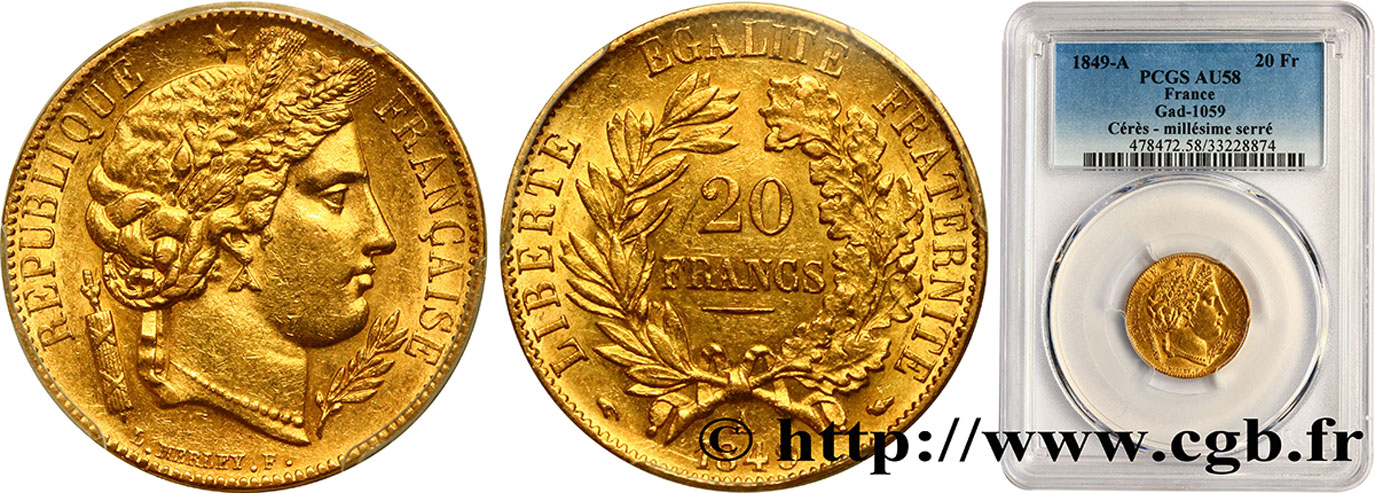20 francs or Cérès 1849 Paris F.529/1 AU58 PCGS