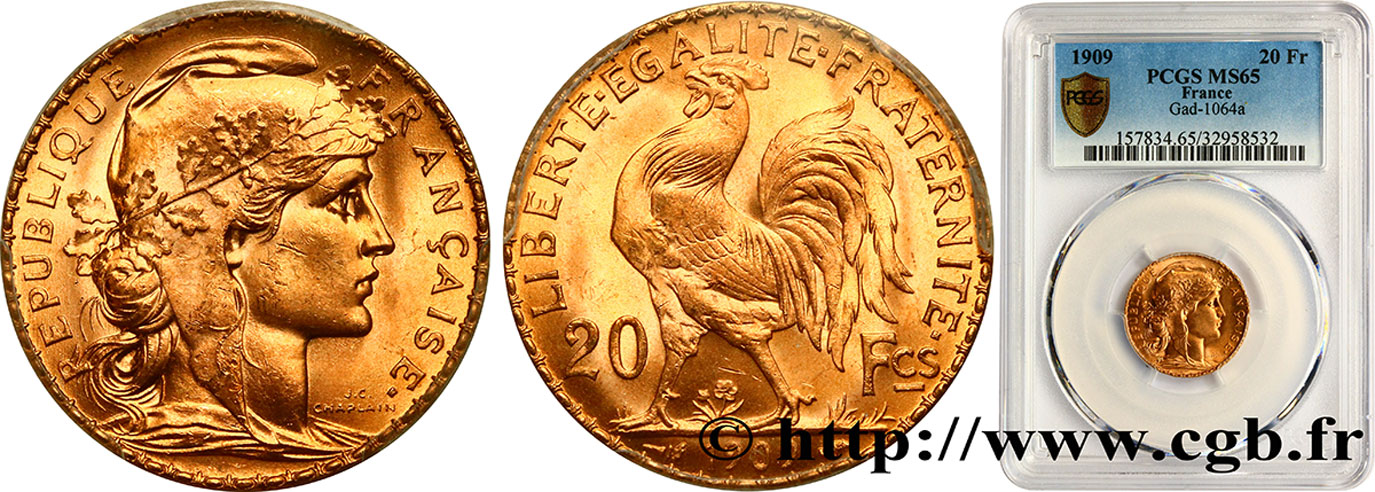 20 francs or Coq, Liberté Égalité Fraternité 1909 Paris F.535/3 MS65 PCGS