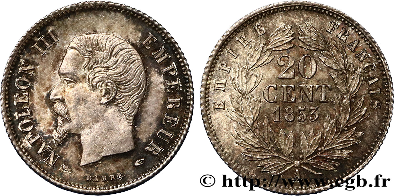 20 centimes Napoléon III, tête nue 1853 Paris F.148/1 SPL60 
