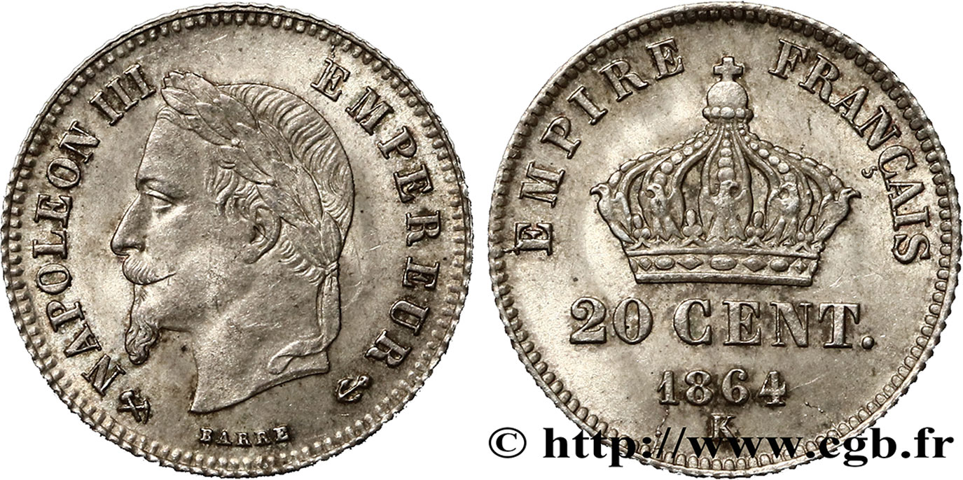 20 centimes Napoléon III, tête laurée, petit module 1864 Bordeaux F.149/3 VZ55 