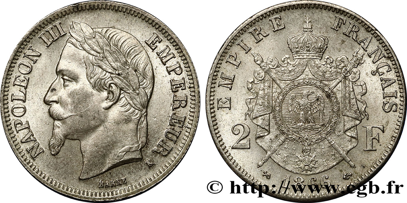 2 francs Napoléon III, tête laurée 1866 Bordeaux F.263/4 VZ62 