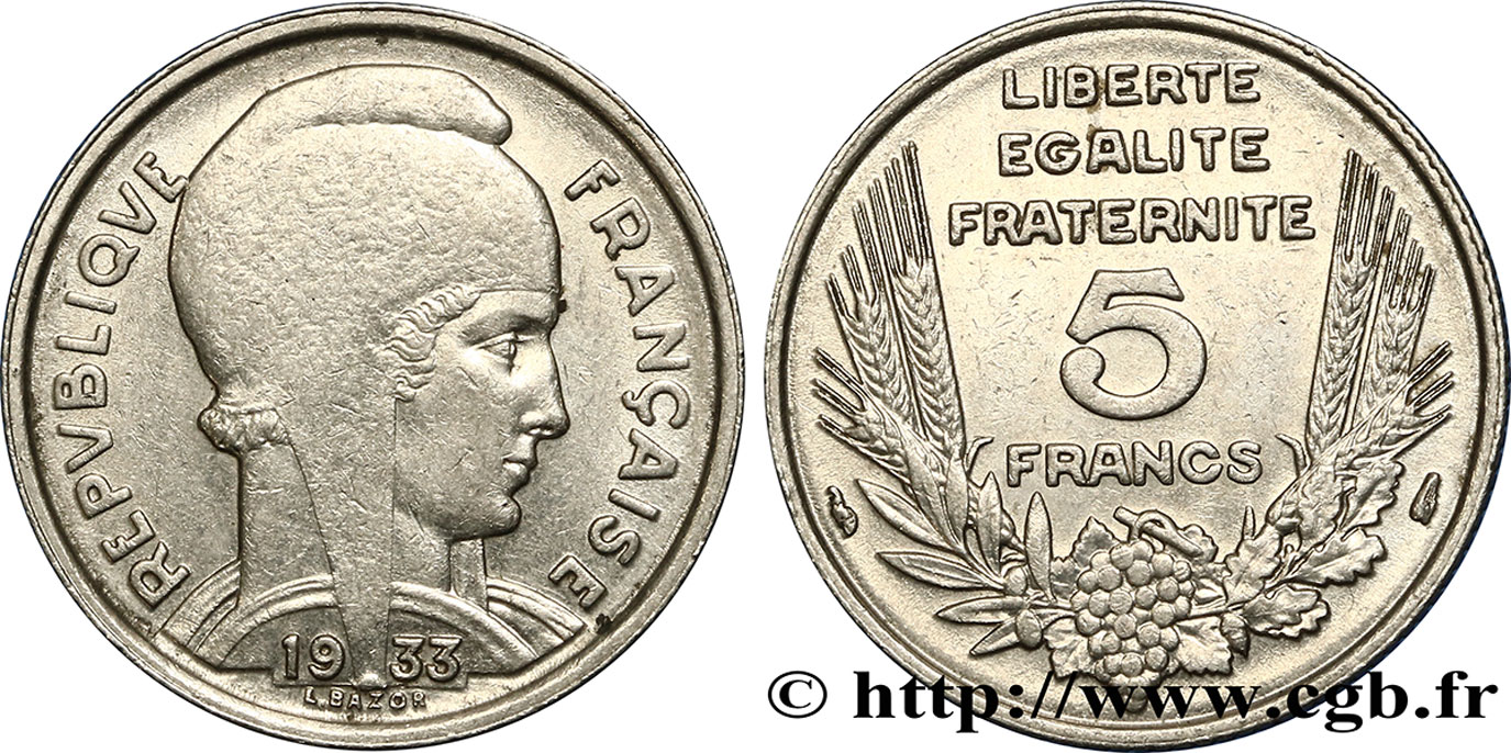 5 francs Bazor 1933  F.335/2 AU50 