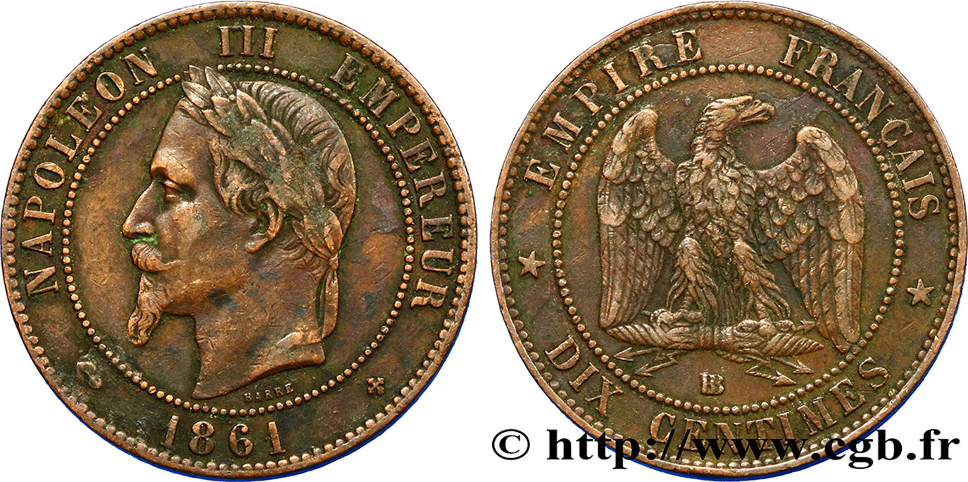 Dix centimes Napoléon III, tête laurée 1861 Strasbourg F.134/5 MBC48 