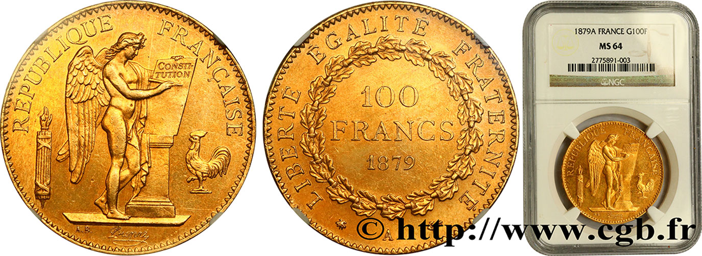 100 francs or Génie, tranche inscrite en relief Dieu protège la France 1879 Paris F.552/2 SC64 NGC