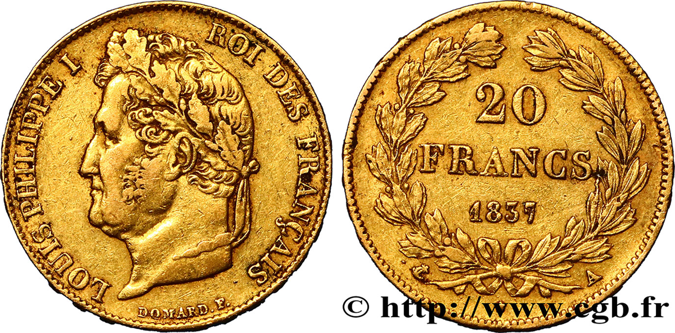 20 francs or Louis-Philippe, Domard 1837 Paris F.527/16 SS40 