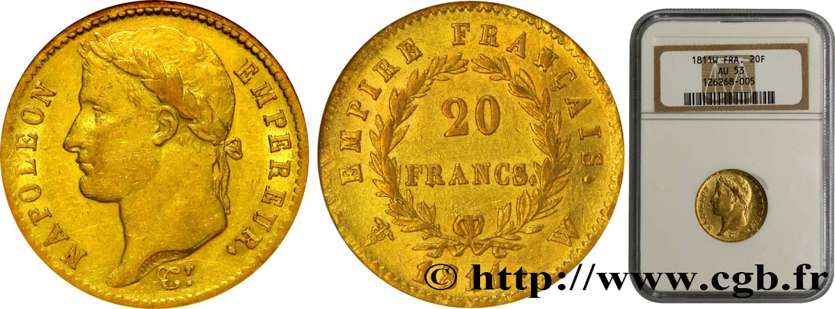 20 francs or Napoléon tête laurée, Empire français 1811 Lille F.516/21 AU53 NGC
