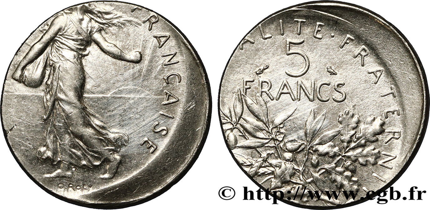 5 francs Semeuse, nickel, Frappe fautée sur un flan de 1 Franc Semeuse n.d. Pessac F.341/- var. SUP 