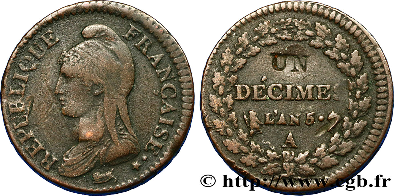 Un décime Dupré, modification du 2 décimes 1797 Paris F.127/5 TTB42 