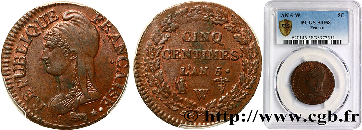 Cinq centimes Dupré, grand module 1797 Lille F.115/31 AU58 PCGS
